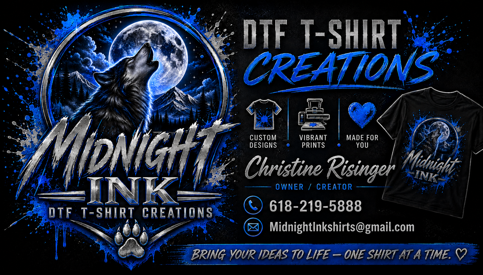 Midnight Ink DTF T-Shirt Creations promotional banner with wolf, moon, and contact info